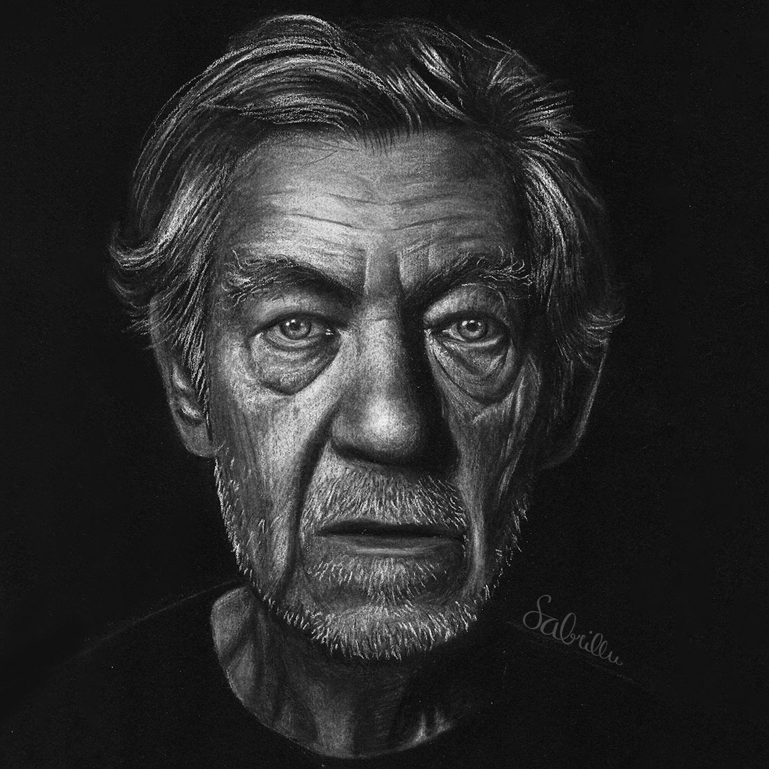 Portrait of Ian McKellen - made with charcoal and chalk