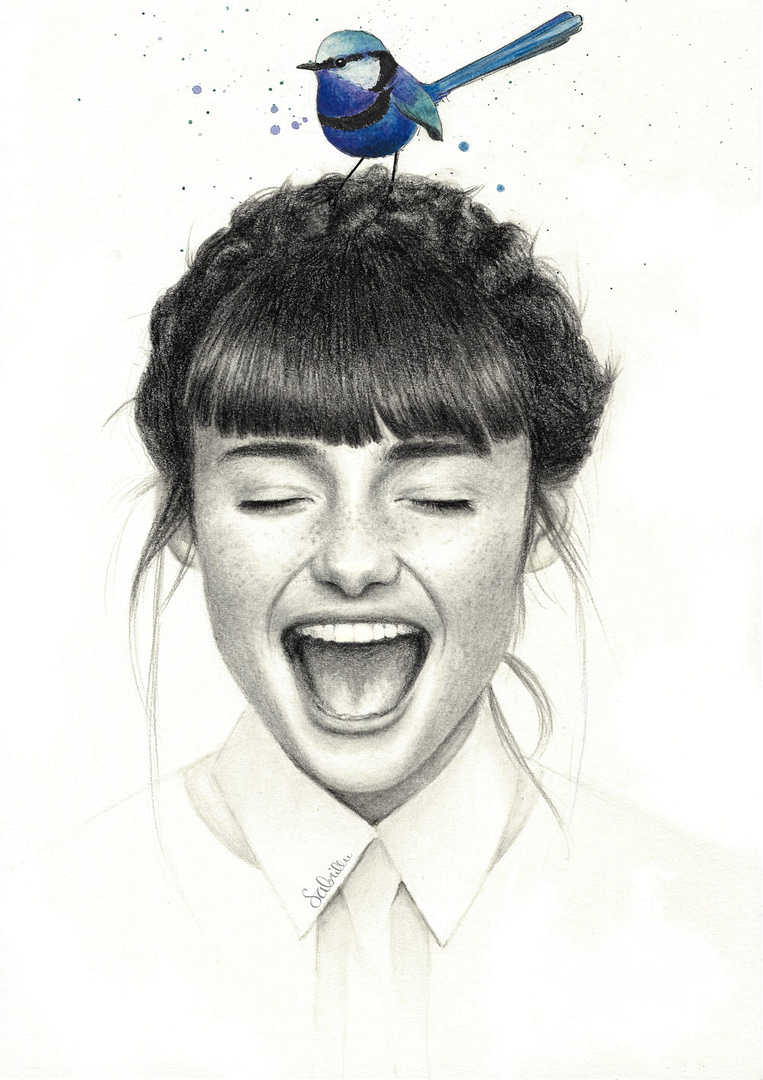 Graphite Portrait drawing girl with bird