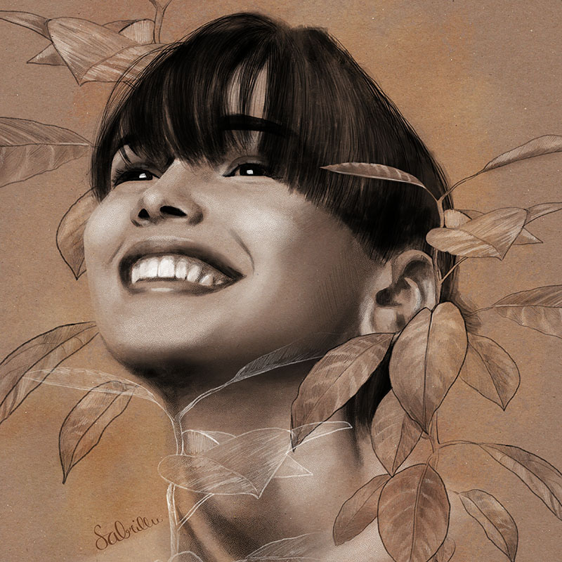 digital portrait drawing with botanical elements
