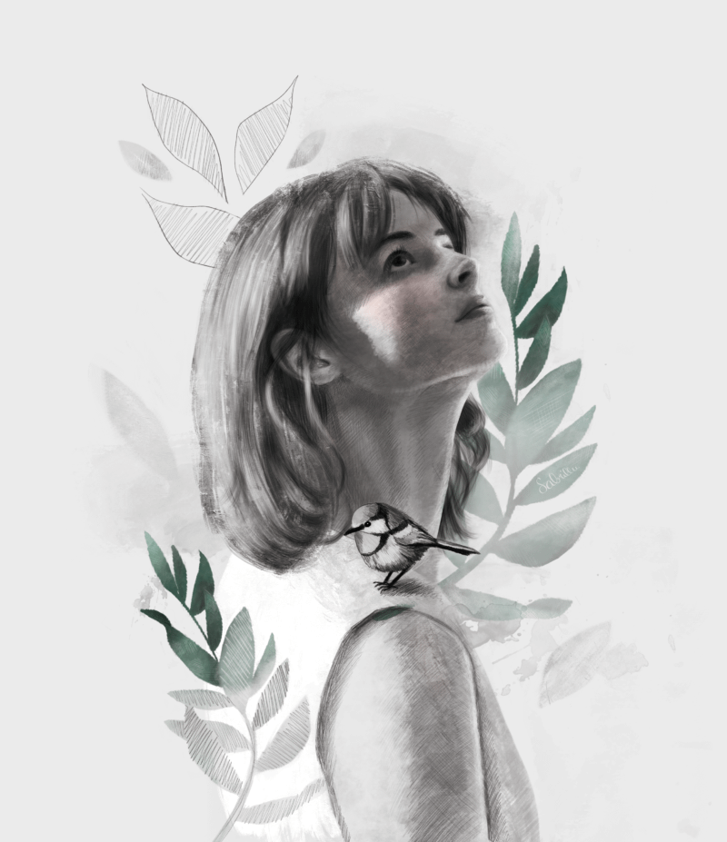 Portrait of a girl with a bird on her shoulder - digital drawing - Sabrillu